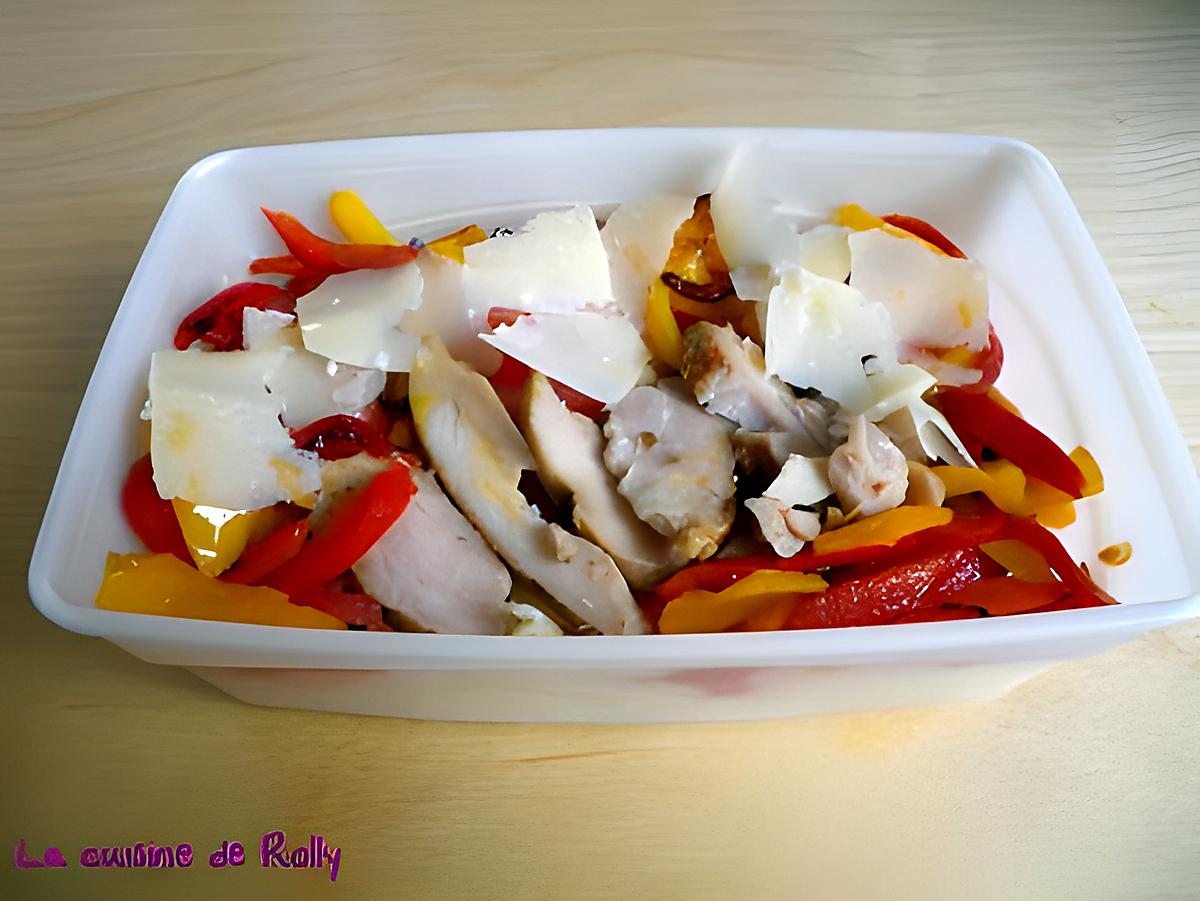 recette Salade de pâtes, poulet grillé, parmesan et poivrons