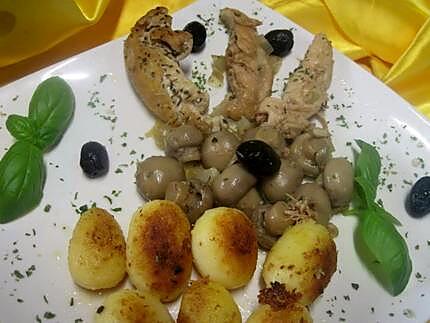 recette Aiguillettes de poulet aux champignons entiers.