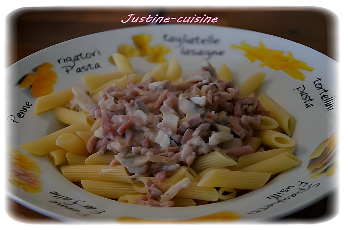 recette Pennes aux lardons, champignons et roquefort