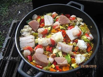 recette Paella aux fruits de mer et poissons.au jardin.