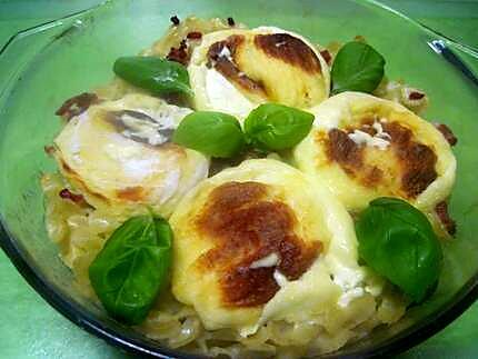 recette Pâte aux lardons fumés au St Marcellin.gratinés.