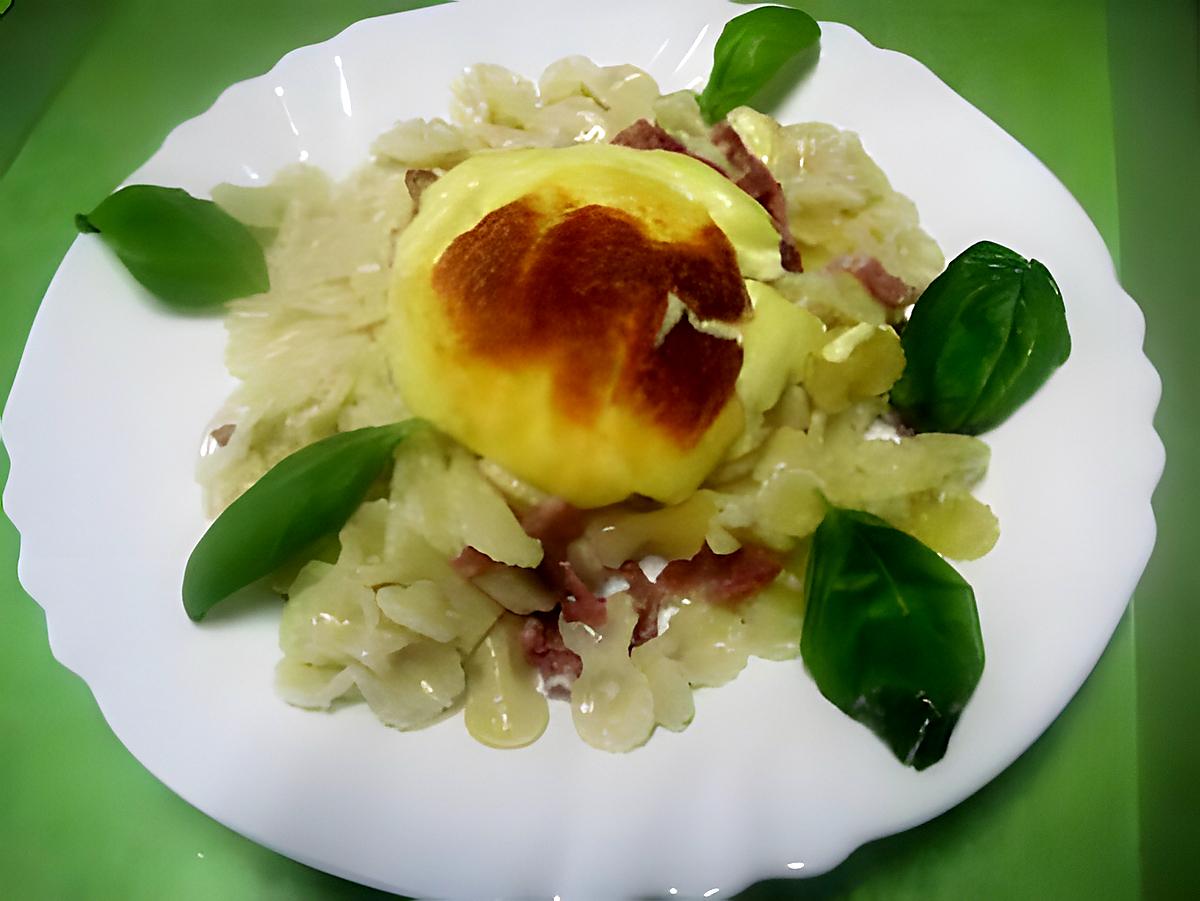 recette Pâte aux lardons fumés au St Marcellin.gratinés.