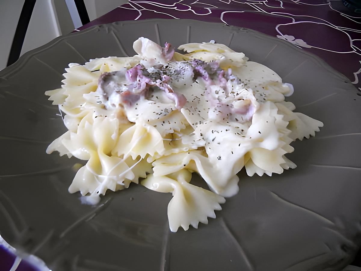 recette Farfalles sauce bleue mozzarella et lamelle de jambon cru