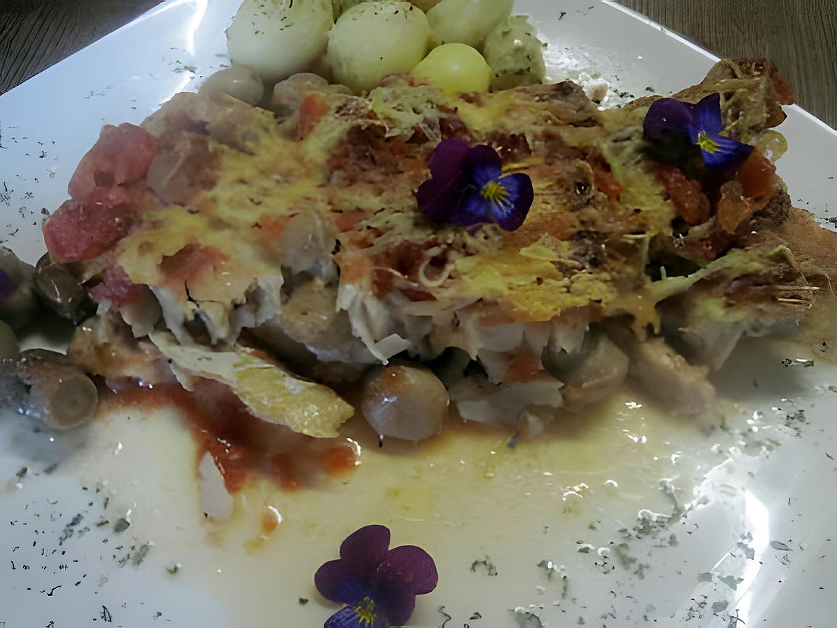 recette filets de colin aux champignons, sauce tomates gratinés.