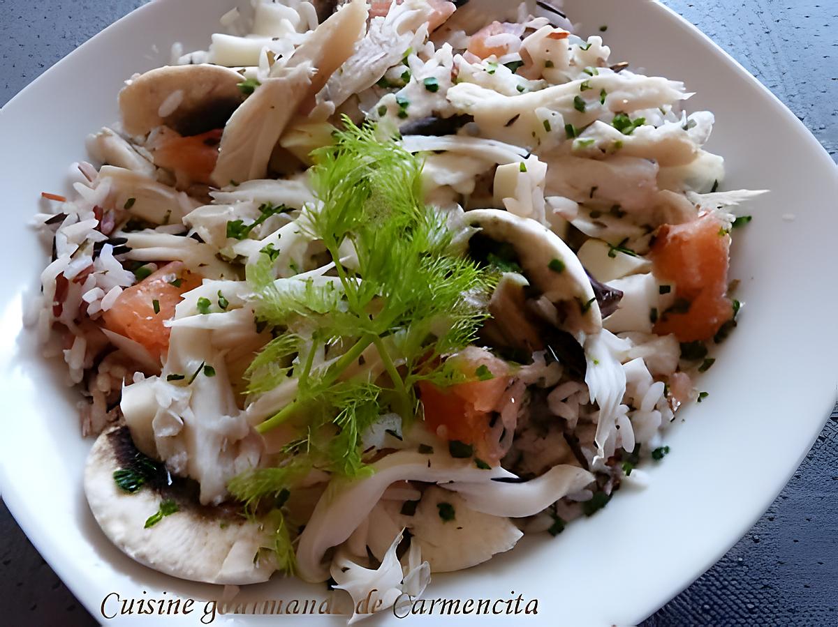 recette Salade tiède de raie au riz sauvage, pamplemousse et champignons