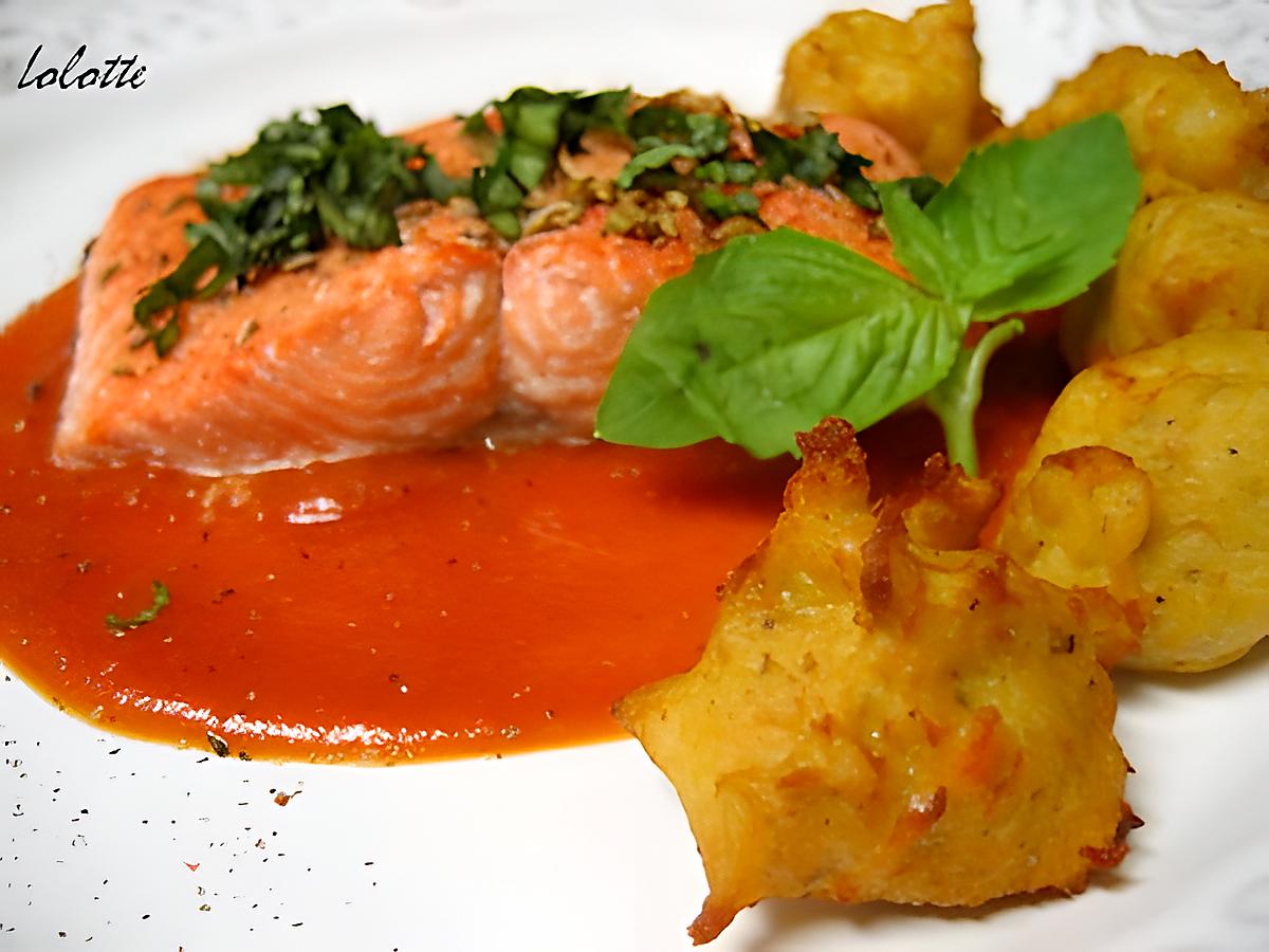 recette Saumon, coulis de tomates rôties et pommes dauphines à la patate douce et au romarin