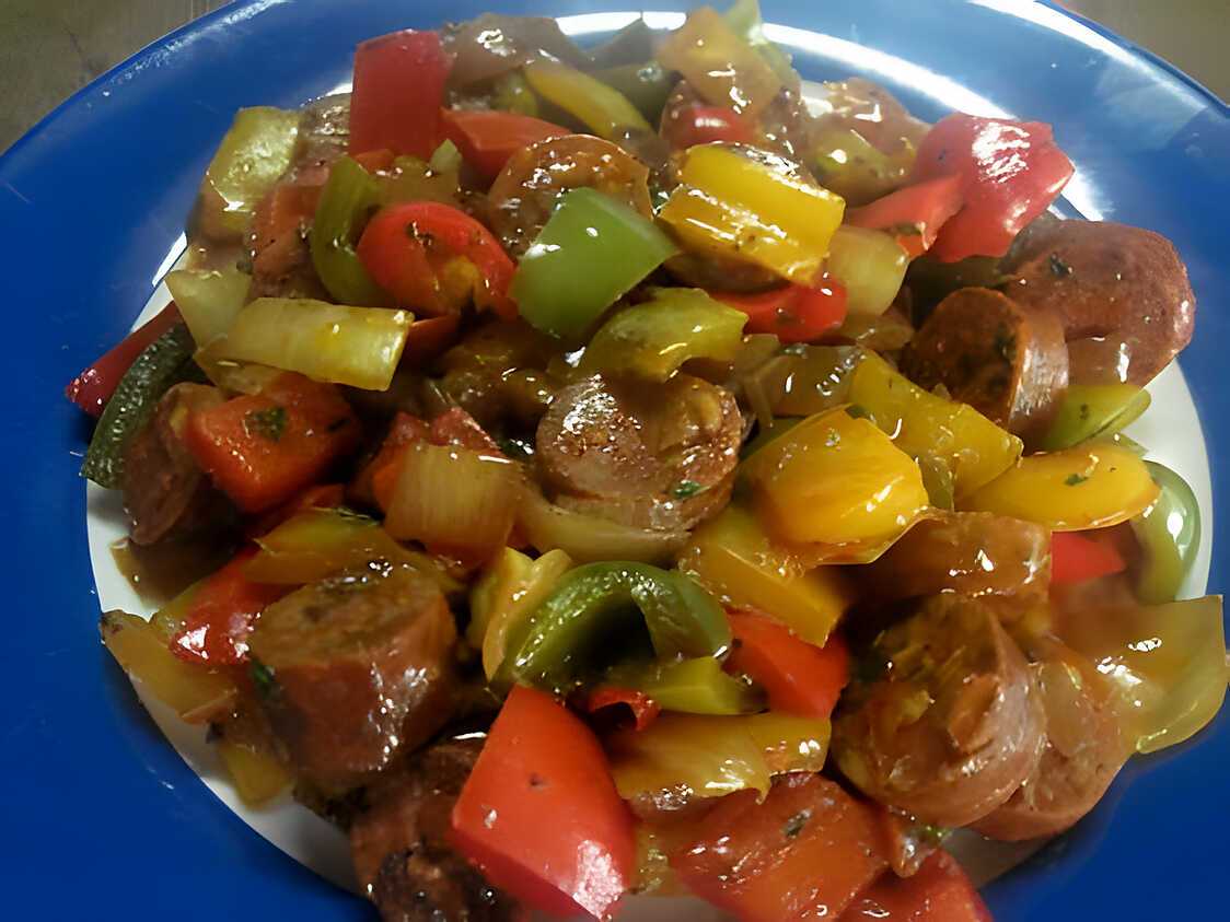 Recette de Chorizo aux poivrons tricolores.