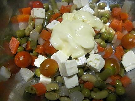 recette Coupelles à la macédoine de légumes et feta. mayonnaise.