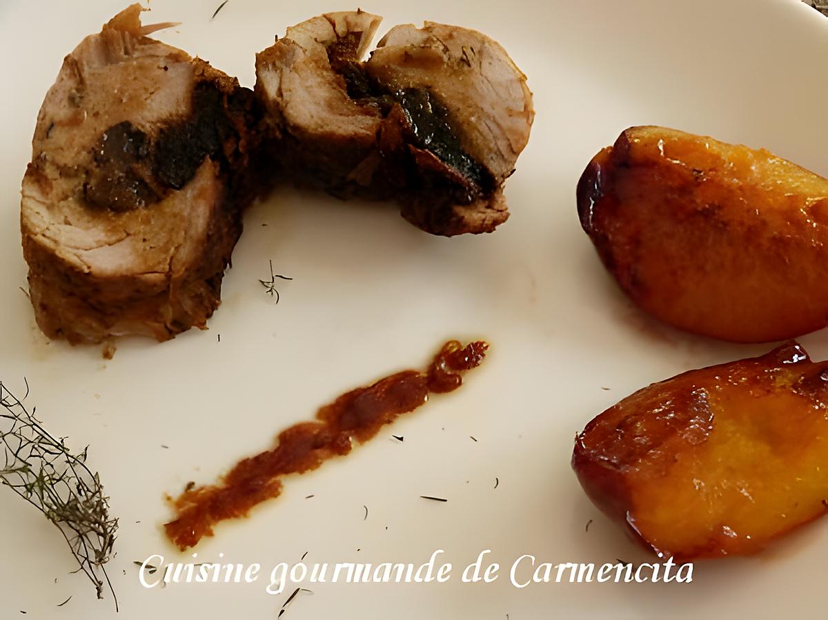 recette Filet mignon farci aux pruneaux et ses pêches confites