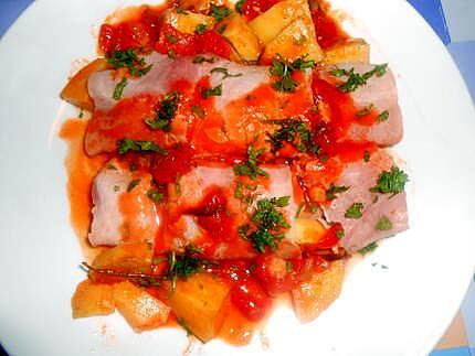 recette ROULES  DE  JAMBON  POMMES DE TERRE  ECHALOTES ET ROMARIN