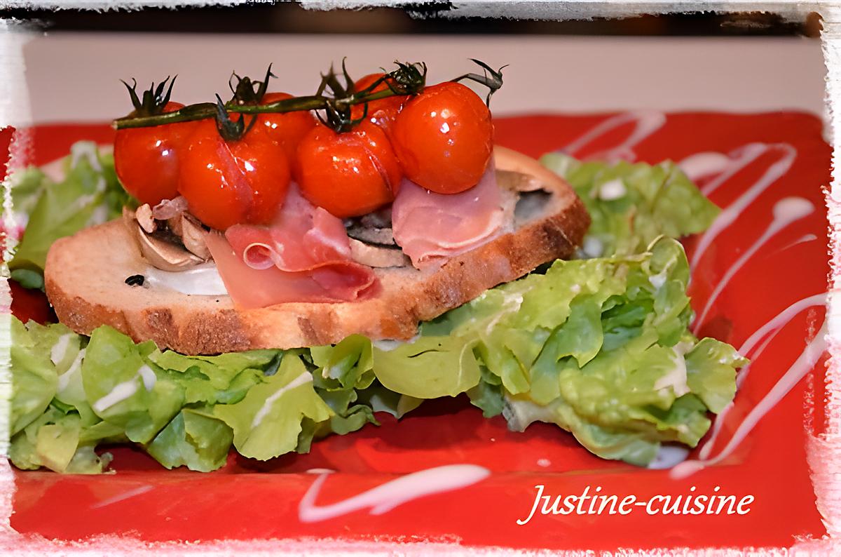 recette tartine de jambon cru au cèvre et tomates cerises confites