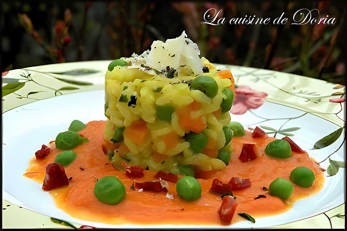 Risotto aux petits légumes et sa sauce de tomates au chorizo