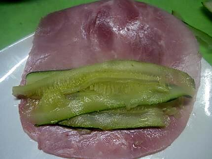 recette Jambon garni aux lamelles de courgette et lardons fumés.