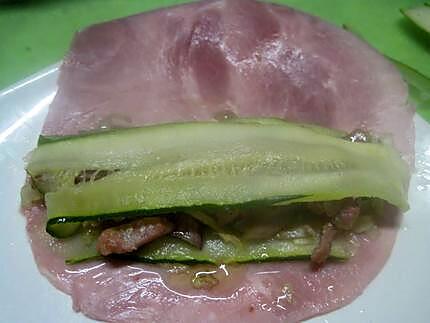 recette Jambon garni aux lamelles de courgette et lardons fumés.