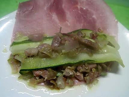 recette Jambon garni aux lamelles de courgette et lardons fumés.
