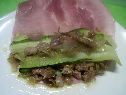 recette Jambon garnis aux lamelles de courgette et lardons fumés.