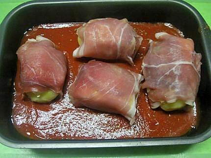 recette Pommes de terre enrobées au jambon cru gatinées.