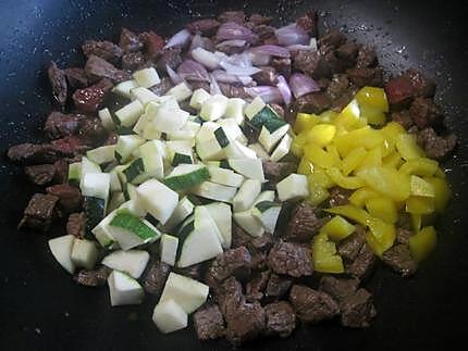 recette Dés de boeuf et légumes. riz. au basilic.