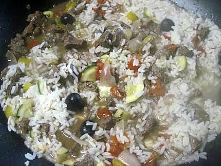 recette Dés de boeuf et légumes. riz. au basilic.
