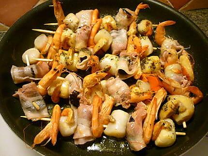 recette Brochettes marinées de fruits de mer