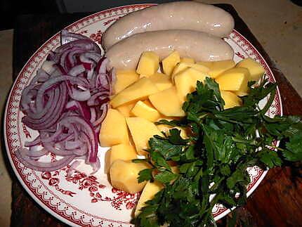 recette Boudin blanc,purée de pommes de terre a l oignon rouge