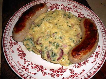 recette Boudin blanc,purée de pommes de terre a l oignon rouge