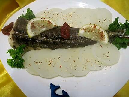 recette Queue de poisson merlu au radis noir.