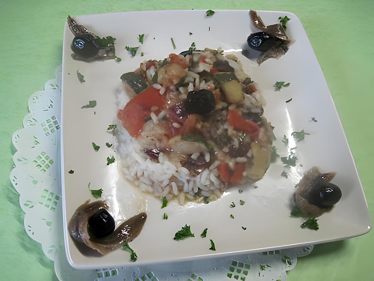 recette Riz aux légumes. Morbier. anchois.