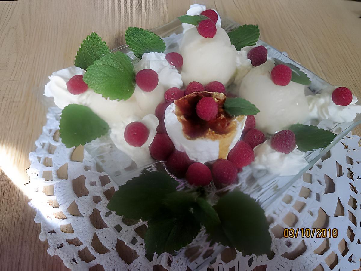 recette Fromage blanc aux framboises et sorbet poires.