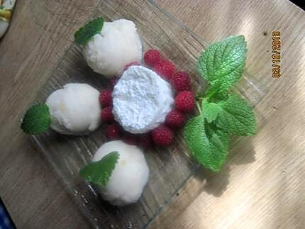 recette Fromage blanc aux framboises et sorbet poires.