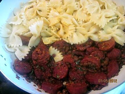 recette Farfalles au chorizo et lentilles.