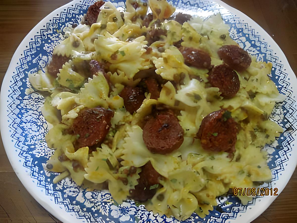 recette Farfalles au chorizo et lentilles.