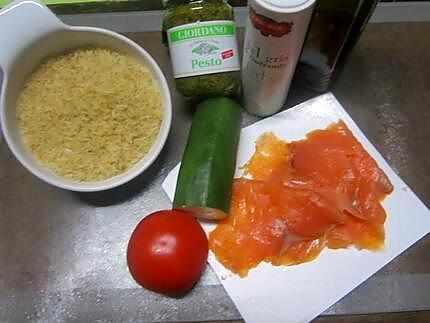 recette riz au pesto. légumes.truite fumée.