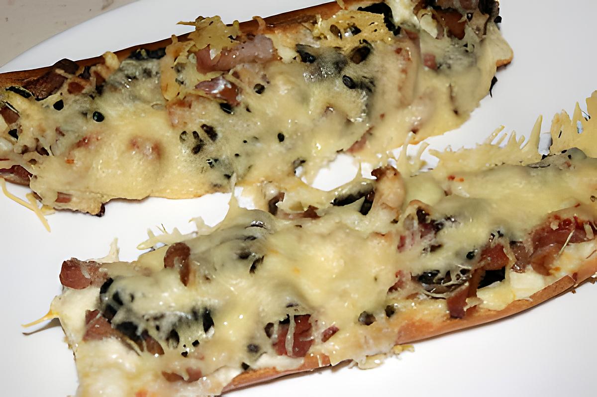 recette Baguette crème/lardons/champignons/fromage