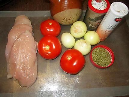 recette Escalopes de poulet en duo tomates. oignons.