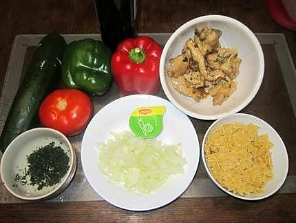 recette Pâtes papillon aux légumes et poulet.