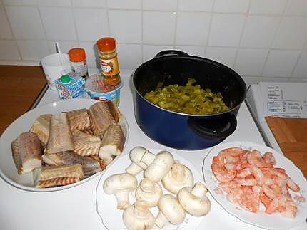 recette Saumonette et sa sauce au curry, crevettes et champignons.