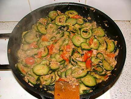 recette Farfalle al tonno, zucchine e pomodori cigliegie ( Papillons au thon, courgettes et tomates cerises)