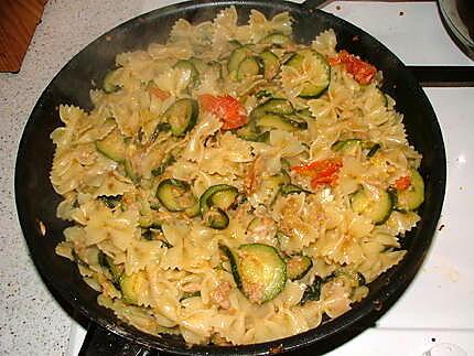 recette Farfalle al tonno, zucchine e pomodori cigliegie ( Papillons au thon, courgettes et tomates cerises)