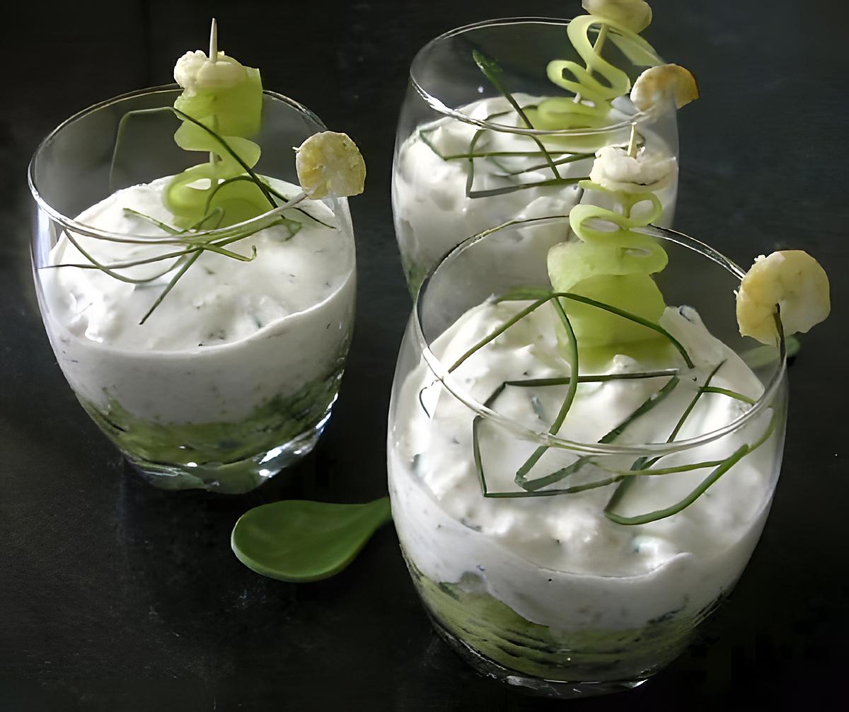 recette Cocktail de crevettes au fromage blanc pimenté sur lit de concombre