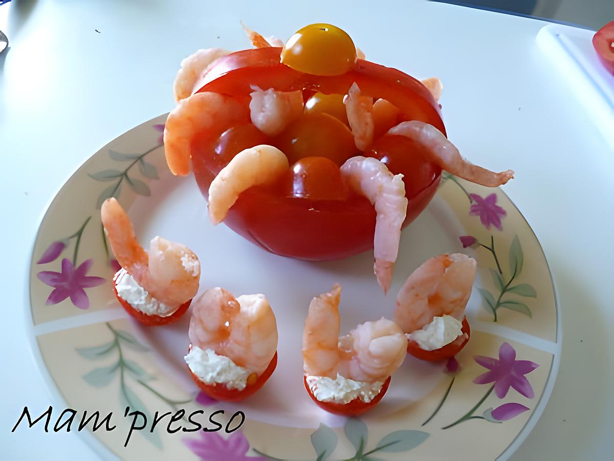 recette Panier de tomates aux crevettes et ses cerisettes