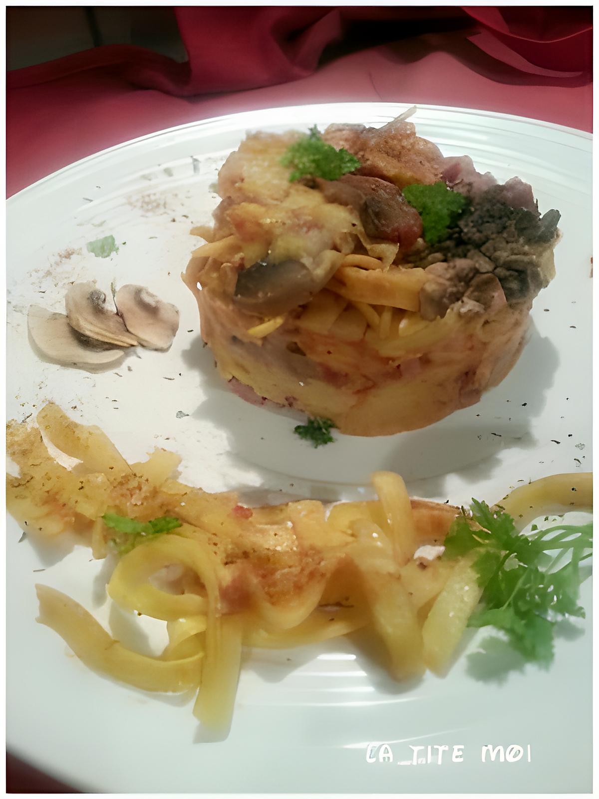 recette SUPERPOSITIONS de tagliatelles, jambon - champignons, aux 2 sauces... et GRATINÉE.      (Recette1)