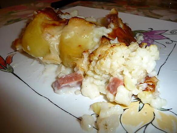Recette de Gratin choux fleur/pomme de terre/jambon