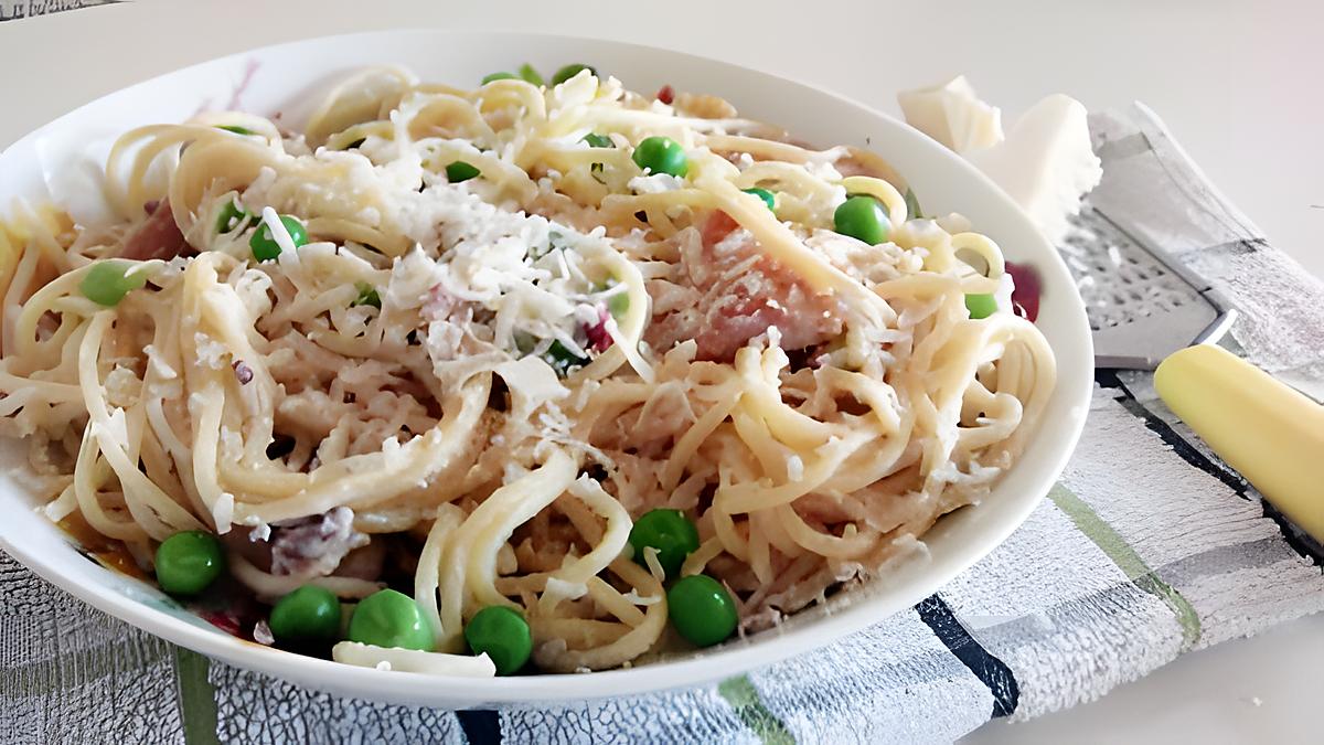 recette SPAGHETTI AU POULET, LARDONS, & PETITS POIS