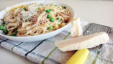 recette SPAGHETTI AU POULET, LARDONS, & PETITS POIS