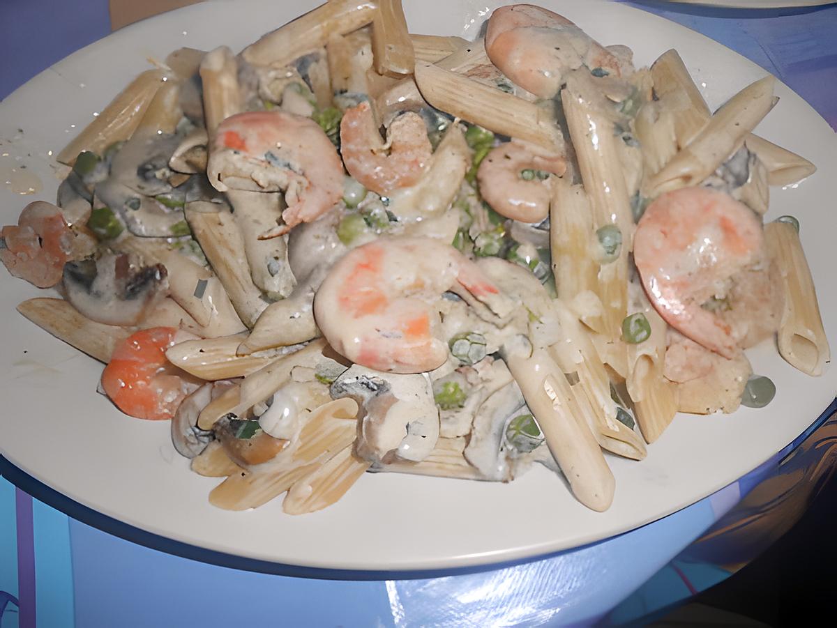 recette PENNE  PISELLI  GAMBERETTI  E  FUNGHI  (Petits pois crevettes et champignons)