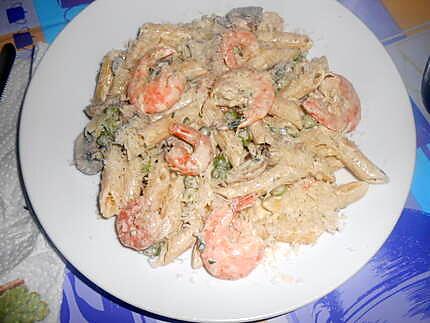 recette PENNE  PISELLI  GAMBERETTI  E  FUNGHI  (Petits pois crevettes et champignons)