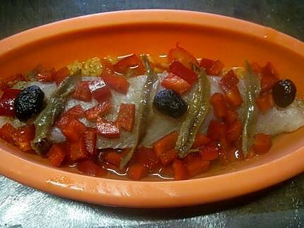 recette Filet de poisson. tomates. poivron. pâtes coquillette. anchois.au micro-ondes.