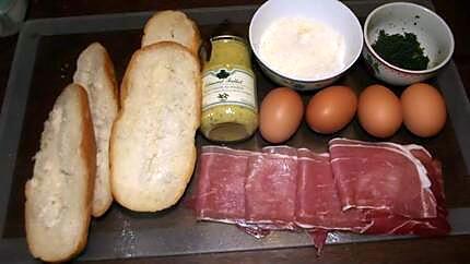 recette Petits pains. jambon cru. oeufs. parmesan. gratinés.