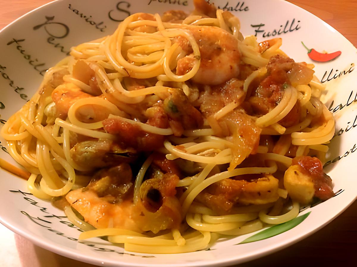 recette Spaghettis aux fruits de mer, à l'ail et aux tomates
